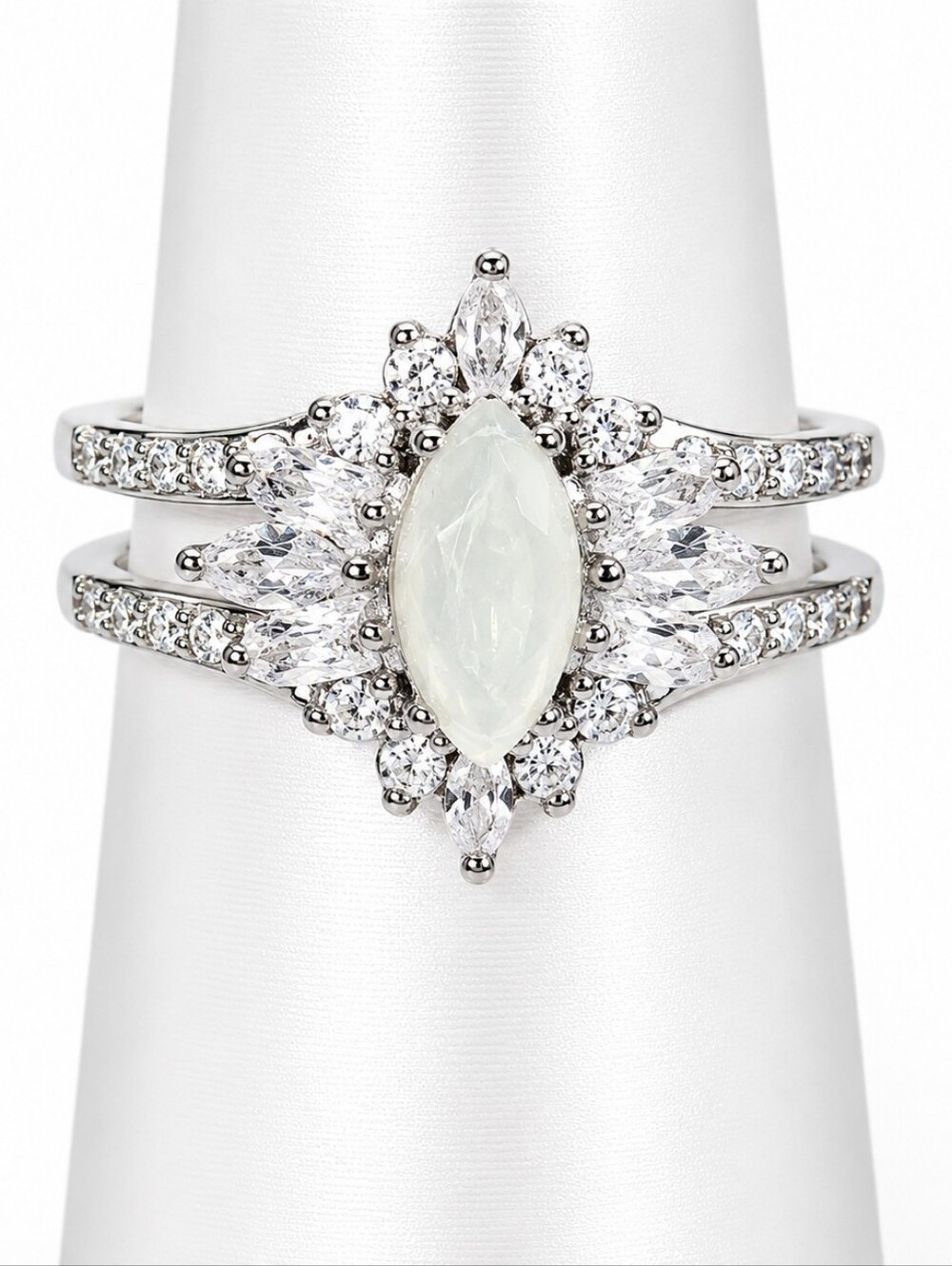 Bomb Party NWT Size 7 Lab Created White Moonstone Marquise Halo Ring Rhodium